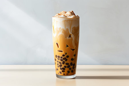 A tall glass filled with ice sits on a marble table, containing Boba milk tea blended with brown sugの素材