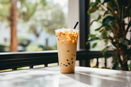 A tall glass filled with ice, containing Boba milk tea, sits on a marble table.の素材