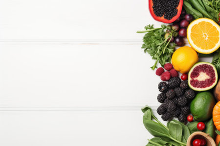 A top-down view of a variety of seasonal fruits, vegetables, and greens placed on a white wooden bacの素材
