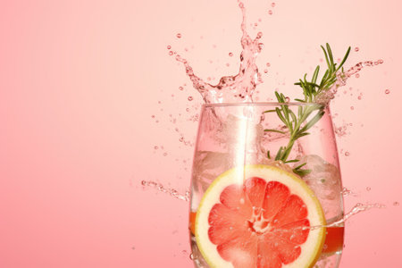 A woman's hand holds a glass filled with grapefruit drink, accompanied by a splash as grapefruit sliの素材