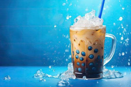 A Traditional Boba Tea on a Vibrant Blue Colored Surfaceの素材