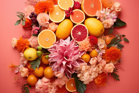 A tropical flat lay showcasing an artistic arrangement of papaya, grapefruit, pineapple, orange, manの素材