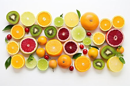 A variety of vibrant and freshly picked fruits are displayed on a pristine white table. The assortmeの素材