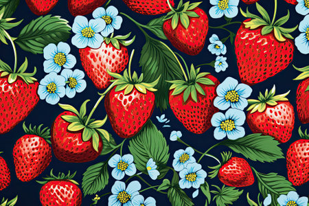 A vibrant design featuring strawberries arranged in a colorful pattern against a blue backdrop, as oの素材