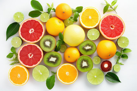 A variety of vibrant and freshly picked fruits are displayed on a pristine white table. The assortmeの素材