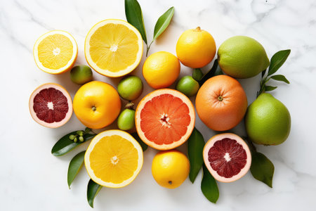 A variety of vibrant and freshly picked fruits are displayed on a pristine white table. The assortmeの素材