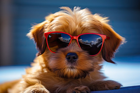 An adorable, attractive puppy with a brown coat and wearing stylish red sunglasses. Preparing and orの素材