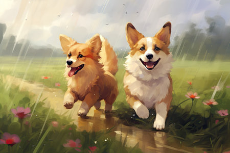 Furry companions, a red feline and a corgi canine, strolling through a summer field while being drenの素材