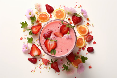 A visually appealing arrangement composed of a strawberry and peach smoothie, presented from a top-dの素材