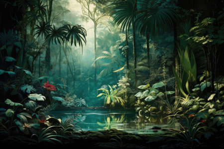 Celestial Oasis: A Tropical Paradise of Green Leaves and Serene Shadowsの素材
