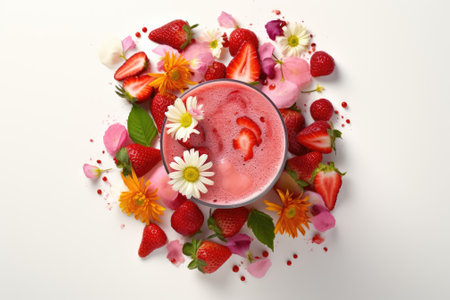 A visually appealing arrangement composed of a strawberry and peach smoothie, presented from a top-dの素材