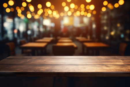 Blurry background in a cafe or restaurant with a dark tone, featuring an empty wooden table at the cの素材