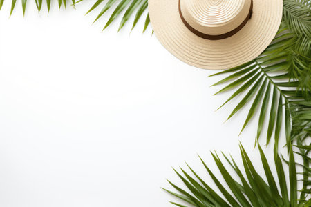 A set of items for travelers, featuring tropical palm leaf branches against a white backdrop, with oの素材