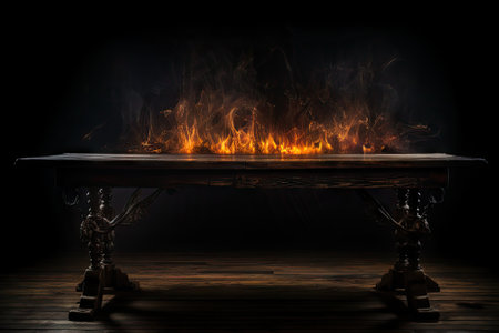Old wooden table illuminated by flickering flames against a dark backdrop.の素材