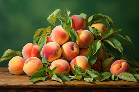 A vibrant arrangement of peaches in various hues displayed on a soft green backdrop.の素材