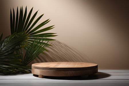 Nurturing Nature: Eco-Rustic Pine Wood Disc Platform Podium Accentuated by Tropical Leaf on Minimalの素材