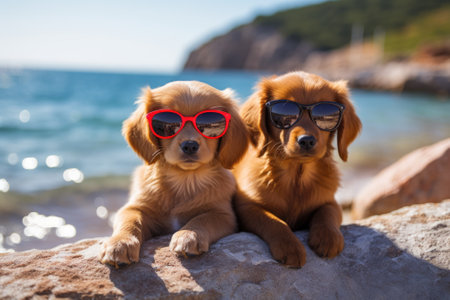 Cheerful puppies wearing sunglasses at the seaside.の素材