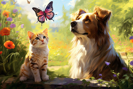 In a bright summer garden, a charming pair of furry companions, a cat and a dog, playfully catch a cの素材