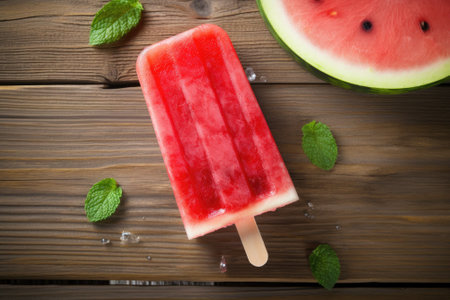Refreshing Watermelon Delight: A Radiant ice pop on Wooden Backgroundの素材