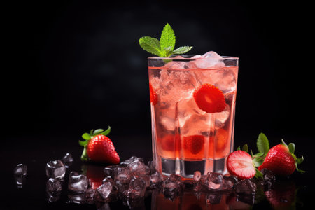 Fresh strawberry cocktail made with ice cubes, ideal for a refreshing summer drink. A glass of strawの素材