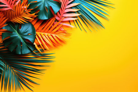 A vivid and colorful backdrop featuring painted tropical palm leaves, creating an exotic and tropicaの素材