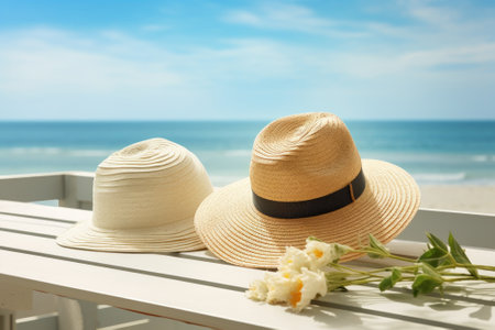 Endless Summer Vibes: Beach Accessories on a White Wooden Deckの素材