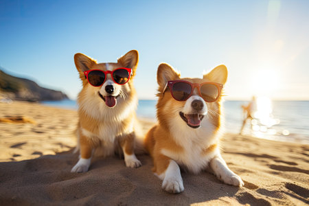 Cheerful puppies wearing sunglasses at the seaside.の素材