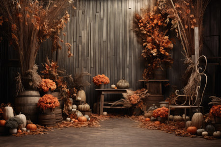 Falling for Autumn: Captivating Wooden Podiums and Decor Amidst Rustic Autumn Leavesの素材