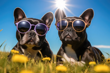 On a hot summer day, I saw some irresistibly charming and joyful French Bulldog dogs wearing sunglasの素材