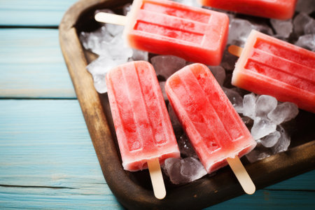 Refreshing Watermelon Delight: A Radiant icepop on Whitewashed Wooden Backgroundの素材