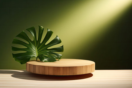 Nurturing Nature: Eco-Rustic Pine Wood Disc Platform Podium Accentuated by Tropical Leaf on Minimalの素材