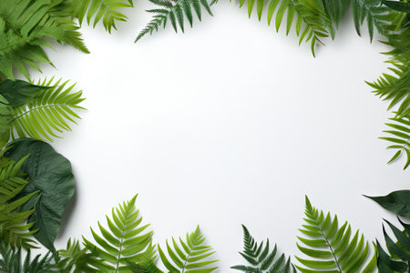 This stylized photo features a tropical summer background with fern leaves forming a frame around aの素材