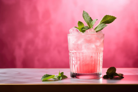 Selective focus on a pink cocktail with ice and mint.の素材