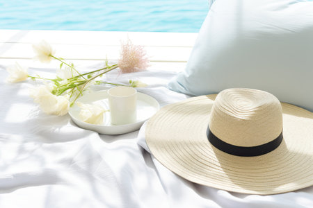 Summer Getaway Essentials: Laid-back Beach Vibes on a White Wood Tableの素材