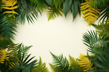 This stylized photo features a tropical summer background with fern leaves forming a frame around aの素材