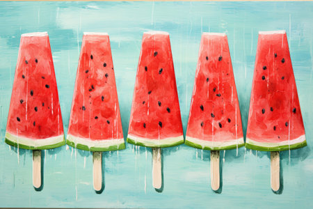 Refreshing Watermelon Delights: Summer icepop on a Rustic Blue Wood Canvasの素材