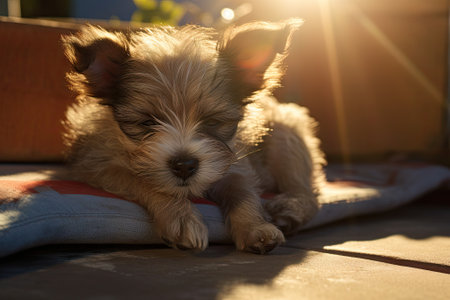The cushions on the feet of a tiny stray puppy. An itty-bitty canine rests outside under the warm suの素材