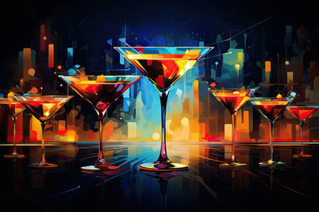 The image depicts martini glasses placed on a bar, representing the vibrant atmosphere of a bustlingの素材