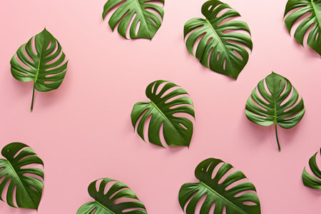 This is a minimal concept featuring a top view of tropical palm leaves Monstera on a pink backgroundの素材