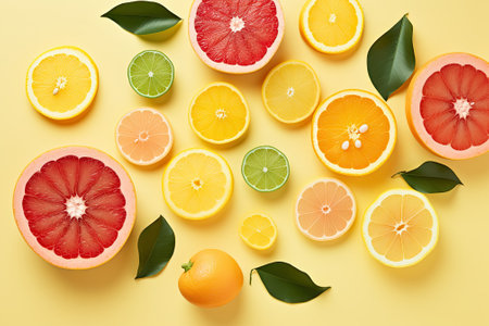The background consists of an artistic arrangement of summer tropical fruits, accompanied by their lの素材