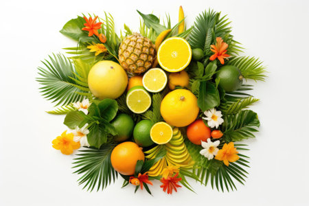 Top view of a vibrant summer arrangement depicting tropical flora and fruits, such as lush green palの素材