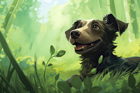 The website banner displays an adorable young dog happily reclining in a lush green meadow.の素材