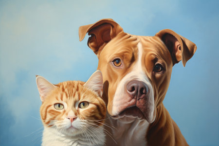 Two domestic animals showcased in the banner, featuring a focused American Staffordshire dog and a gの素材
