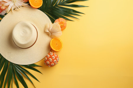 This summer-themed composition features fruits, a hat, tropical palm leaves, and seashells placed onの素材