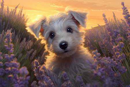 During the summer sunrise, a charming and tiny pet dog puppy innocently gazes into a lavender-filledの素材