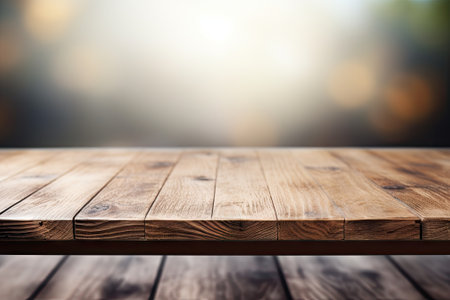 The surface of a wooden table placed on a blurry, white, abstract background, typically found in a bの素材