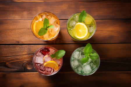 Top view of a wooden background showcasing four diverse cocktails, each containing ice, soda, orangeの素材
