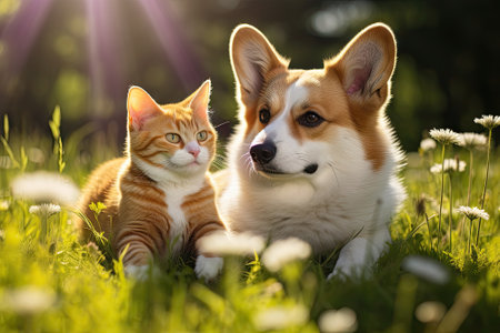 Two adorable, cuddly companions - a corgi dog and a tabby cat - enjoy each other's company as they rの素材