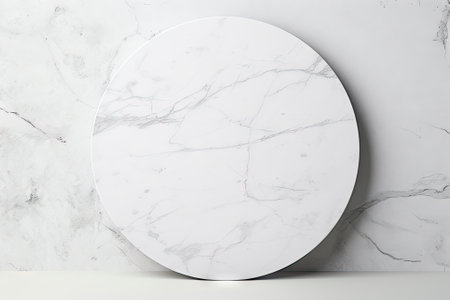 Top view of a white marble product stand with a marbling floor background, perfect for showcasing yoの素材