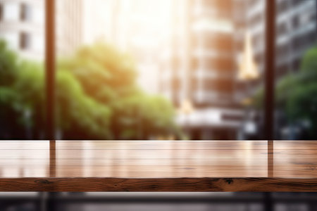 This is an abstract background featuring a wood table top and a blurry glass window wall building baの素材